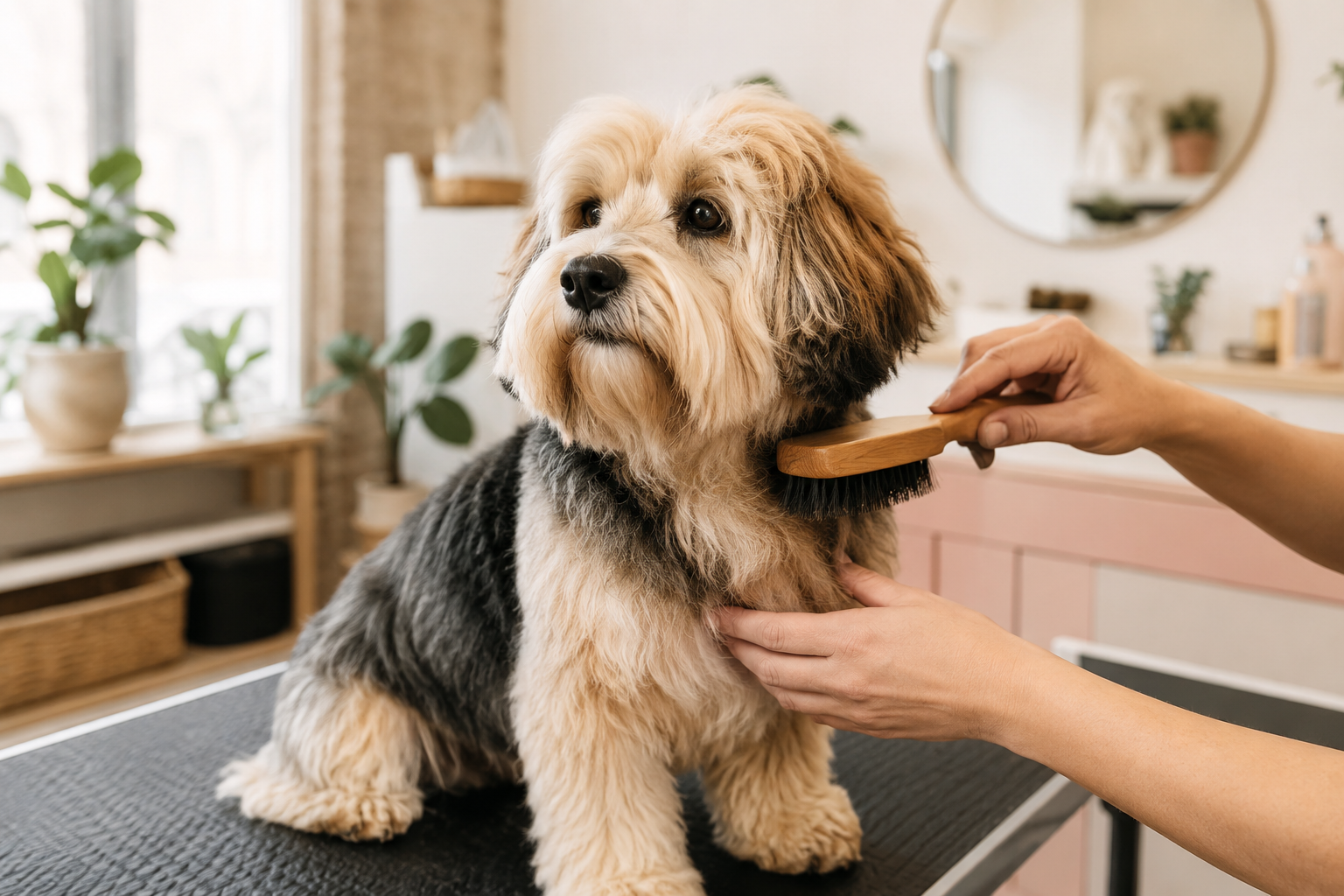 A calm fluffy dog being gently brushed by a groomer